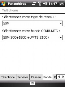 Sélectionnez "GSM" comme type de réseau et "GSM(900+1800)+UMT(2100). Pour terminer cliquez sur "Ok".